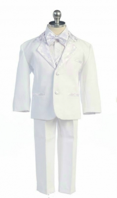 Boys Suit Style TX118- WHITE 5 Piece Tuxedo with Diamond Pattern Bow Tie and Vest