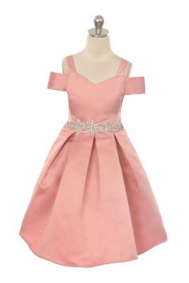Girls Dress Style - 400 Elegant Off Shoulder Satin Dress with Beautiful Waist Details in Choice of C