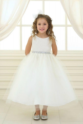 Girls Dress Style D754 - IVORY Sleeveless Satin and Organza Dress with Embellished Rhinestone Waist