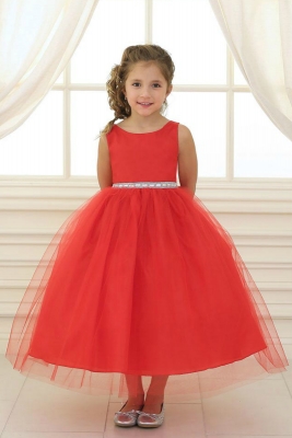 Girls Dress Style D754 - RED Sleeveless Satin and Organza Dress with Embellished Rhinestone Waist