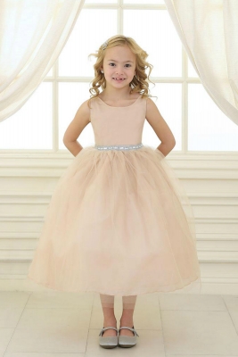 Girls Dress Style D754-CHAMPAGNE Sleeveless Satin and Organza Dress w-Embellished Rhinestone Waist