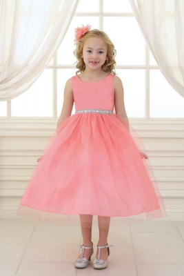 Girls Dress Style D754 - CORAL Sleeveless Satin and Organza Dress with Embellished Rhinestone Waist