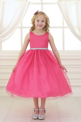 Girls Dress Style D754- FUCHSIA Sleeveless Satin and Organza Dress with Embellished Rhinestone Waist