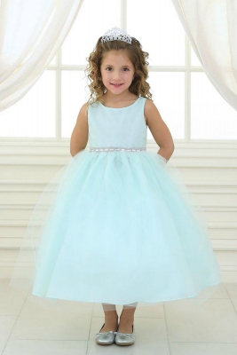 Girls Dress Style D754 - MINT Sleeveless Satin and Organza Dress with Embellished Rhinestone Waist