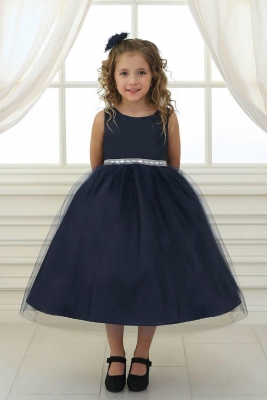 Girls Dress Style D754 - NAVY Sleeveless Satin and Organza Dress with Embellished Rhinestone Waist