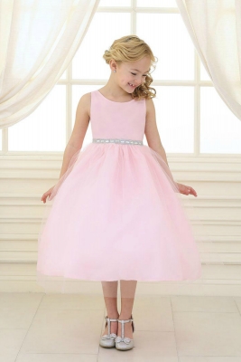 Girls Dress Style D754 - PINK Sleeveless Satin and Organza Dress with Embellished Rhinestone Waist