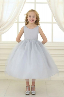 Girls Dress Style D754 - SILVER Sleeveless Satin and Organza Dress with Embellished Rhinestone Waist