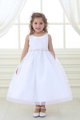 Girls Dress Style D754 - WHITE Sleeveless Satin and Organza Dress with Embellished Rhinestone Waist