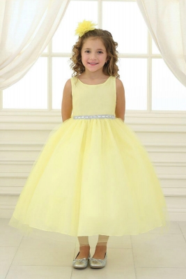 Girls Dress Style D754 - YELLOW Sleeveless Satin and Organza Dress with Embellished Rhinestone Waist