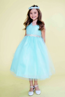Girls Dress Style D766 - AQUA Short Dress with Draped Shoulder