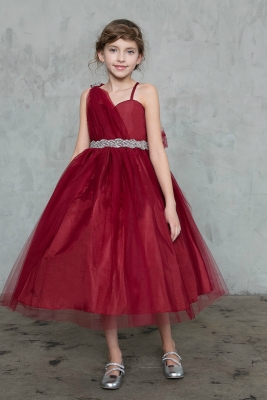 Girls Dress Style D766 - BURGUNDY Short Dress with Draped Shoulder