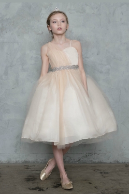 Girls Dress Style D766 - CHAMPAGNE Short Dress with Draped Shoulder