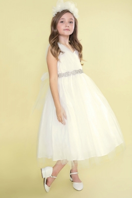 Girls Dress Style D766 - IVORY Short Dress with Draped Shoulder