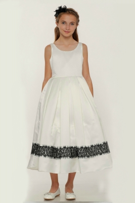 Girls Dress Style 1069- Sleeveless Satin Dress with Lace Border in Ivory