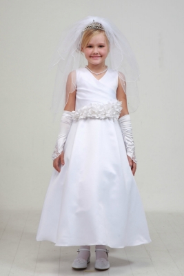 Girls Dress Style 1186- White Satin Sleeveless Dress with Choice of 11 FLOWER Sash Options