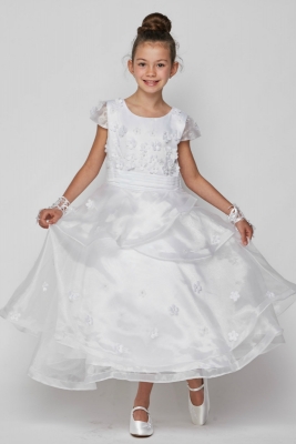 Girls Dress Style 2903 - WHITE- Capped Sleeved Embellished Dress with Horsetail Skirt