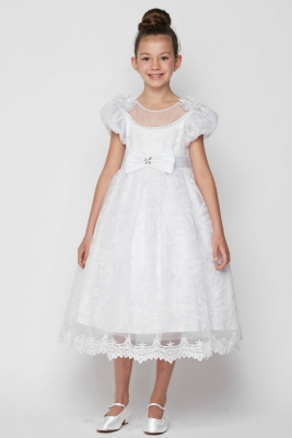 Girls Dress Style 2904 - WHITE Short Sleeved Lace Dress with Scalloped Hem