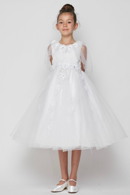 Girls Dress Style 2906 - WHITE Lace and Tulle Embellished Dress with Cape