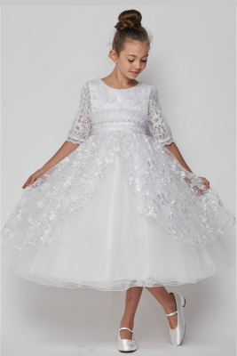 Girls Dress Style 2908 - WHITE Long Sleeved Lace Dress