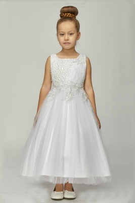 Girls Dress Style 5009 - White Sleeveless Sequin and Lace Dress