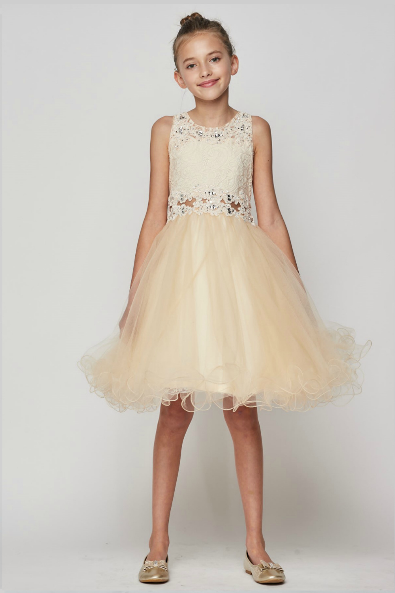 Girls Dress Style 5010 - CHAMPAGNE Rhinestone Lace Dress with Peekaboo Waist