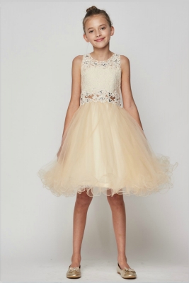 Girls Dress Style  5010 - CHAMPAGNE Rhinestone Lace Dress with Peekaboo Waist