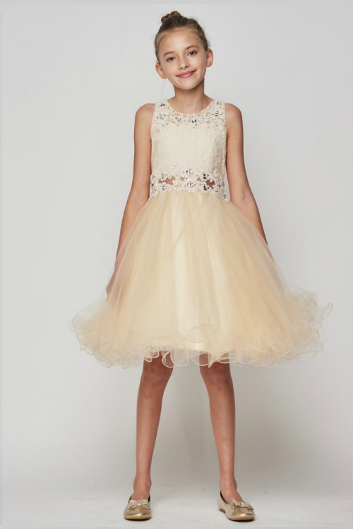 Girls Dress Style 5010 CHAMPAGNE Rhinestone Lace Dress with Peekaboo Waist