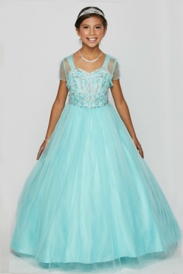Girls Dress Style 5038 - Beaded Gown with Shrug in Aqua