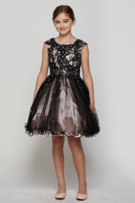 Girls Dress Style 5045 - Capped Sleeve Lace and Tulle Short Party Dress in Choice of Color