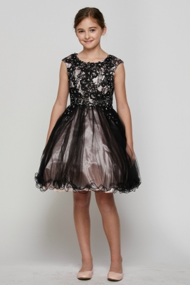 Girls Dress Style 5045 - Blush and Black Capped Sleeve Lace and Tulle Short Party Dress