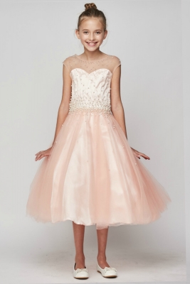 Girls Dress Style 5053 - Short Beaded Illusion Neckline Dress in Choice of Color