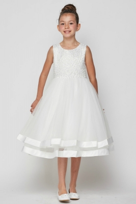 Girls Dress Style 9031 - Sequin and Tulle Dress in Ivory