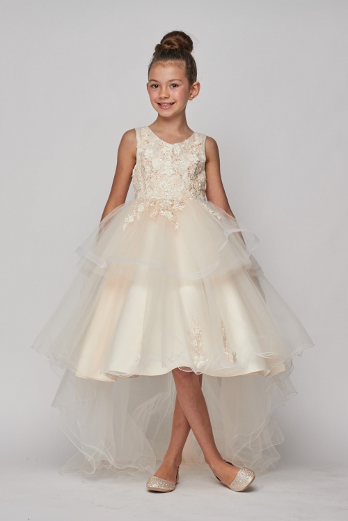 CC_9056CH - Girls Dress Style 9056 - High Low Sequin Embroidered Dress in  Champagne - Holiday Dresses - Flower Girl Dresses