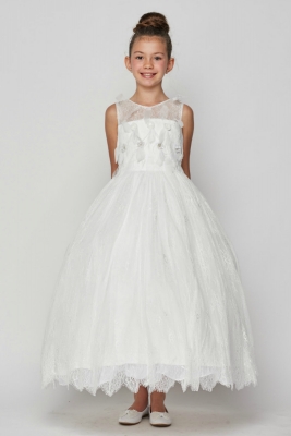Girls Dress Style 9073 -  Illusion Neckline Lace Dress in Ivory