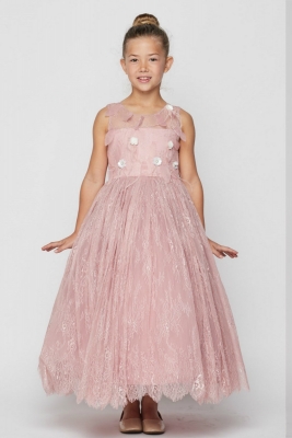 Girls Dress Style 9073 -  Illusion Neckline Lace Dress in Rose