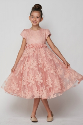 Girls Dress Style 9078 -  Short Sleeved Lace Dress in Dusty Pink