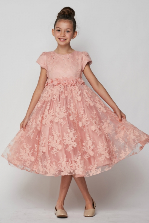 CC_9078DP - Girls Dress Style 9078 - Short Sleeved Lace Dress in Dusty Pink  - Embroidered Dresses - Flower Girl Dresses - Flower Girl Dress For Less
