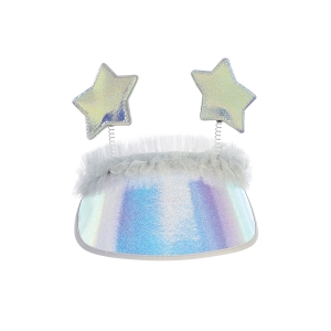 Silver Glittery iridescent Visor with Two Glittery Stars and Shimmery Tulle Accent