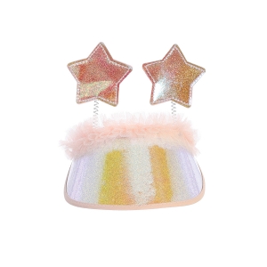 Pink Glittery iridescent Visor with Two Glittery Stars and Shimmery Tulle Accent