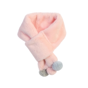 Pink Faux Fur Scarf with Multi Colored Pom Poms