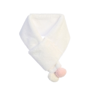 White Faux Fur Scarf with Multi Colored Pom Poms