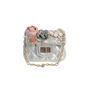 Silver Metallic Mini Purse with Flowers