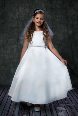 White Sleeveless A-Line Long Satin Communion Dress