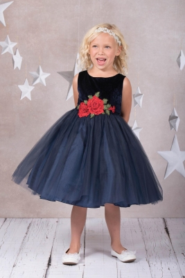 Sleeveless Navy Velvet Dress with Rose Decor on Waist