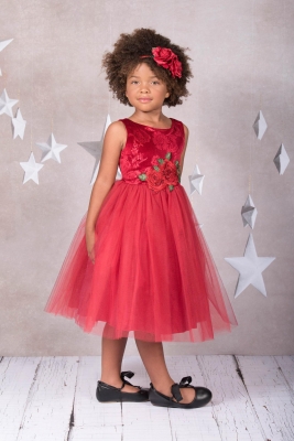 Sleeveless Red Velvet Dress with Rose Decor on Waist