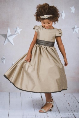Taupe Classic Elizabeth Satin Dress With Tulip Sleeves