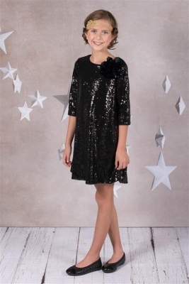 Black Three Quarter Sleeve Sequin Dress