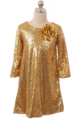 Gold Three Quarter Sleeve Sequin Dress
