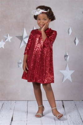 Red Three Quarter Sleeve Sequin Dress