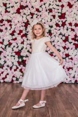 Ivory Cap Sleeve Sequin Mesh Pleated Dress